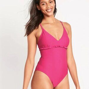 NWT V-Neck Ruffle-Trim Cutout One-Piece Swimsuit In Raspberry Tart, Size Small